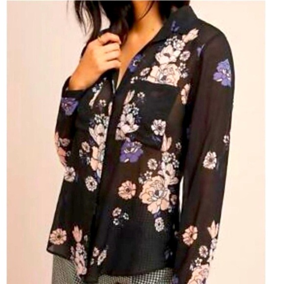 Cloth & Stone Anthropologie Floral Print Button Down Rayon Black Purple … - Picture 2 of 9